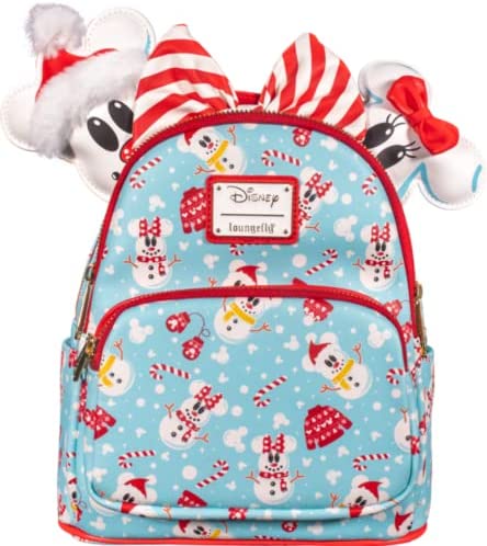 Loungefly Disney Christmas Mickey and Minnie Snowman AOP Womens Double Strap Shoulder Bag Purse with Ears Headband