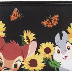 Loungefly Bambi Sunflower Friends Zip Around Vegan Leather Wallet - Black, Female, 4 Card Slots