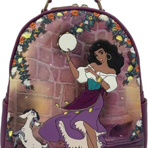 Loungefly Disney Hunchback of Notre Dame Esmeralda Purple Mini Double Strap Shoulder Bag, Debossed with Embroidered Flowers