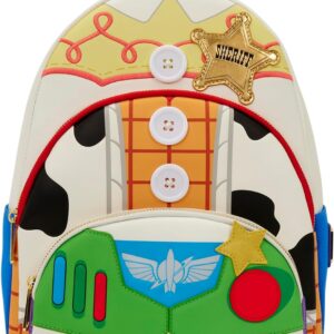 Loungefly Disney: Pixar - Toy Story 5 - to Infinity and Beyond - Woody, Jessie and Buzz Lightyear - Printed Denim Trim Triple Pocket Mid-Size Backpack – Gift for Kids & Adults – Collectible Bags
