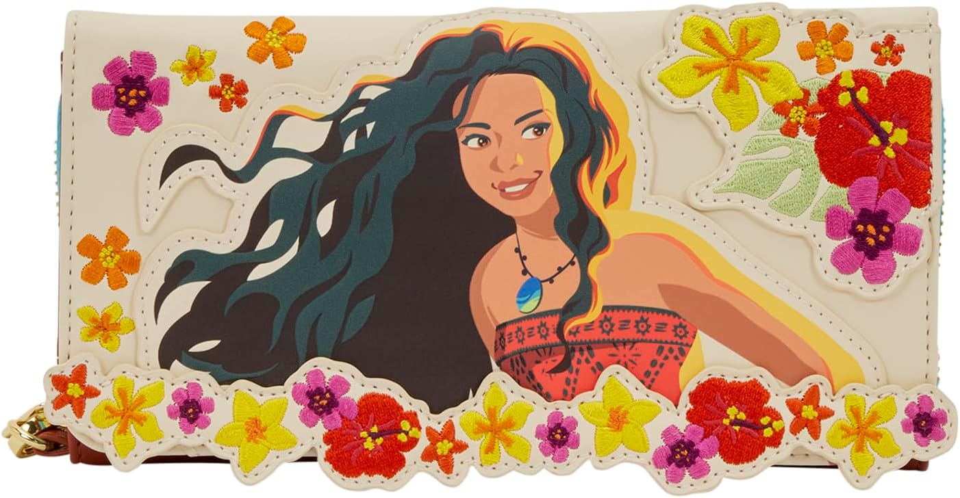 Loungefly Disney: Moana - Embroidered Floral Live Action - Zip Around Wallet with Detachable Wristlet - 6 Cards Slots and Clear ID Slot - Great for Kids & Adults - Collectible Wallets